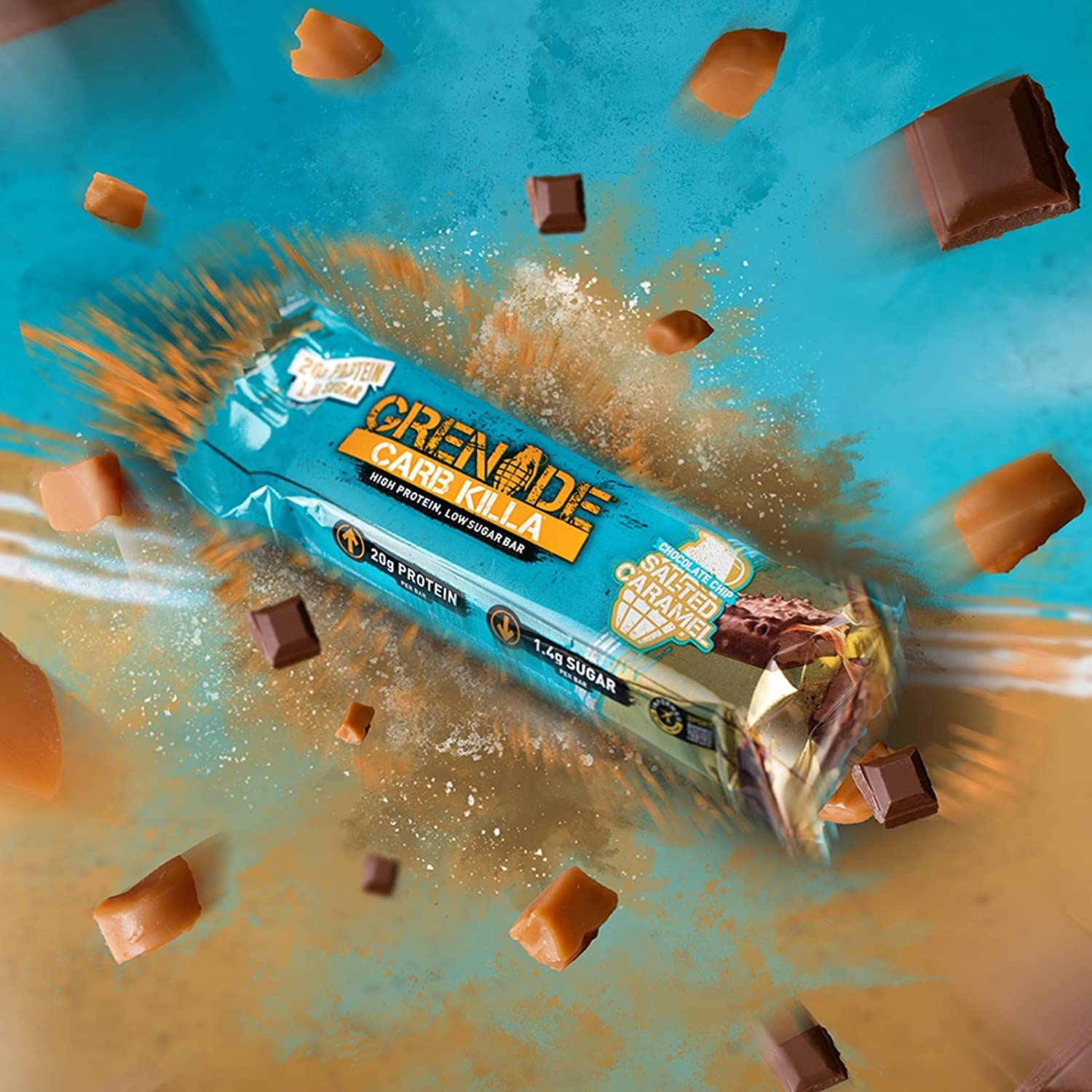 Grenade Carb Killa wrapper close-up reveals texture and bite-sized caramel chips.