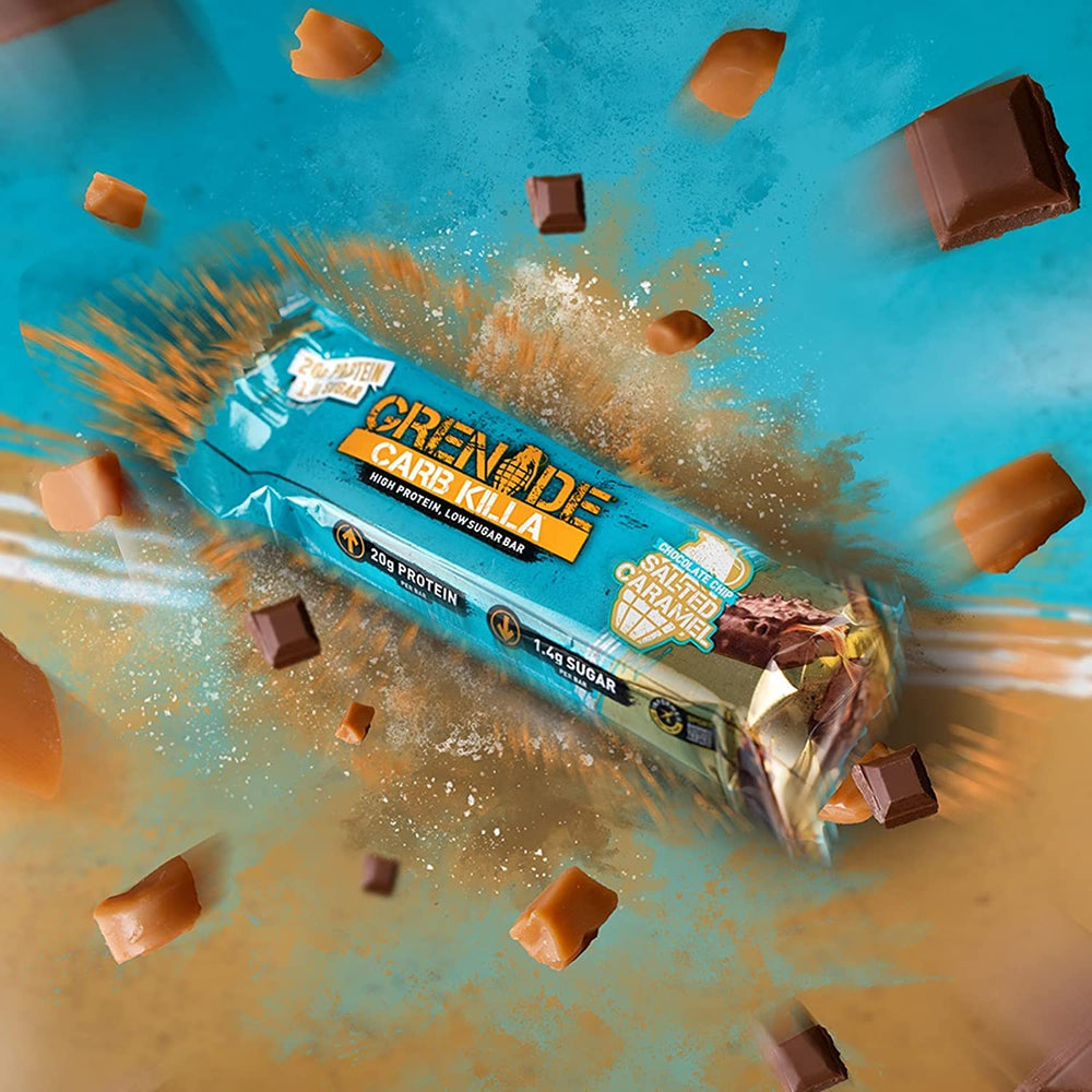 Grenade Carb Killa wrapper close-up reveals texture and bite-sized caramel chips.