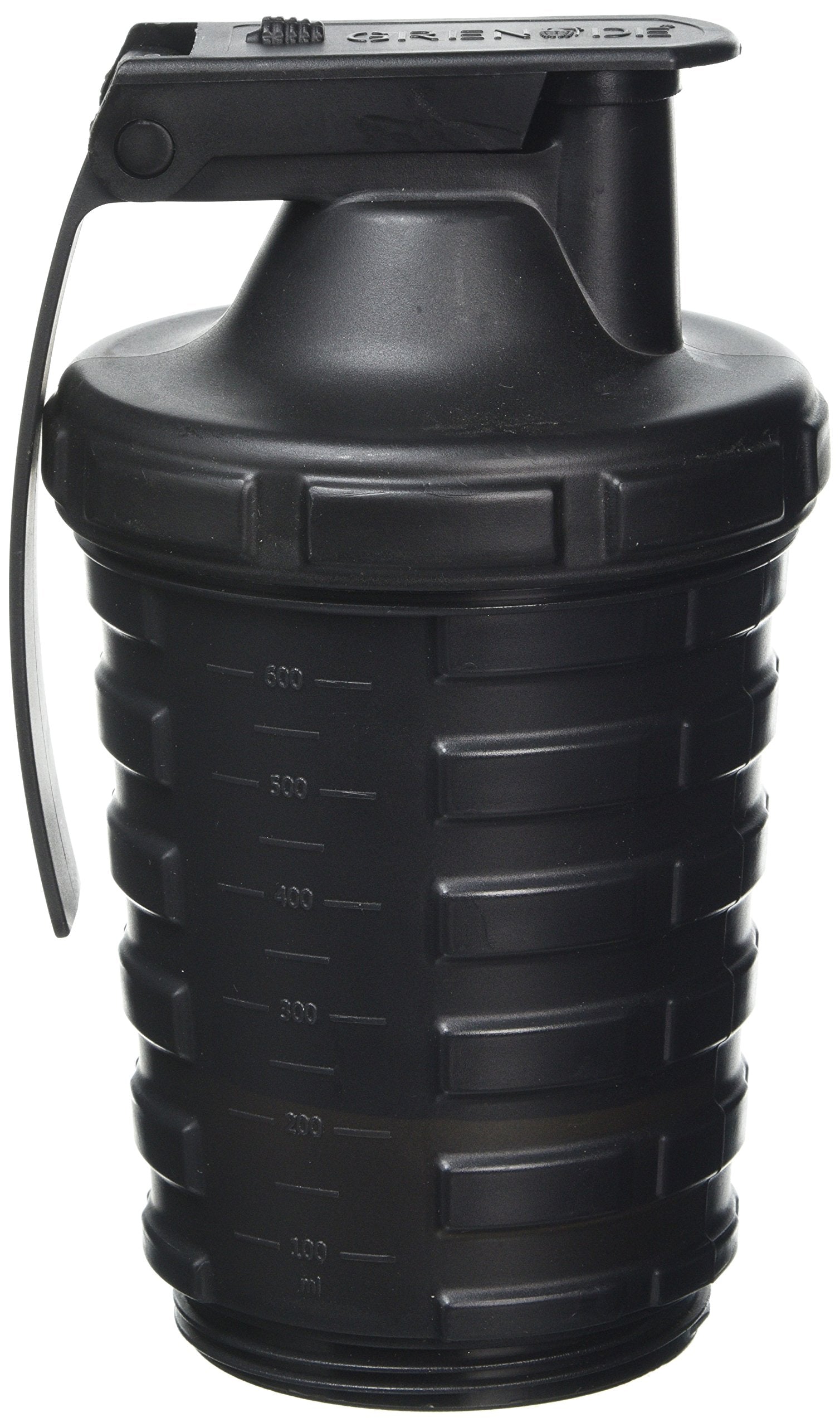 Grenade Shaker Bottle front view showcases sleek black design for gym and on-the-go use.