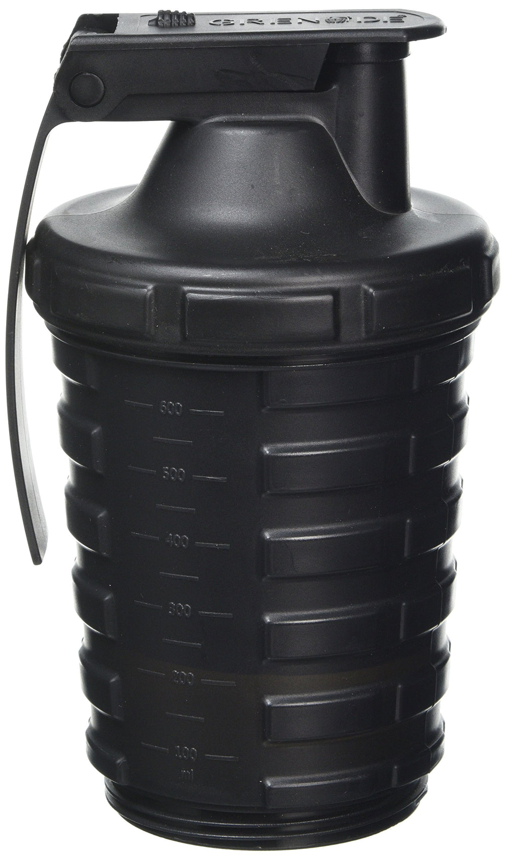 Grenade Shaker Bottle front view showcases sleek black design for gym and on-the-go use.