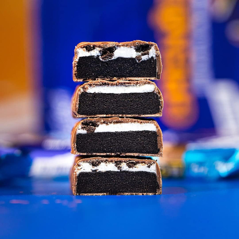 Grenade Vanilla Oreo bar slice demonstrates triple layer texture.