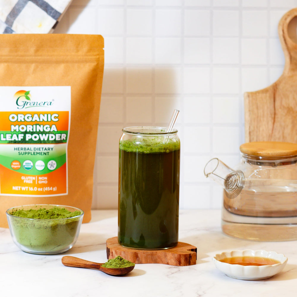 Grenera Organic Moringa Powder bottle with label