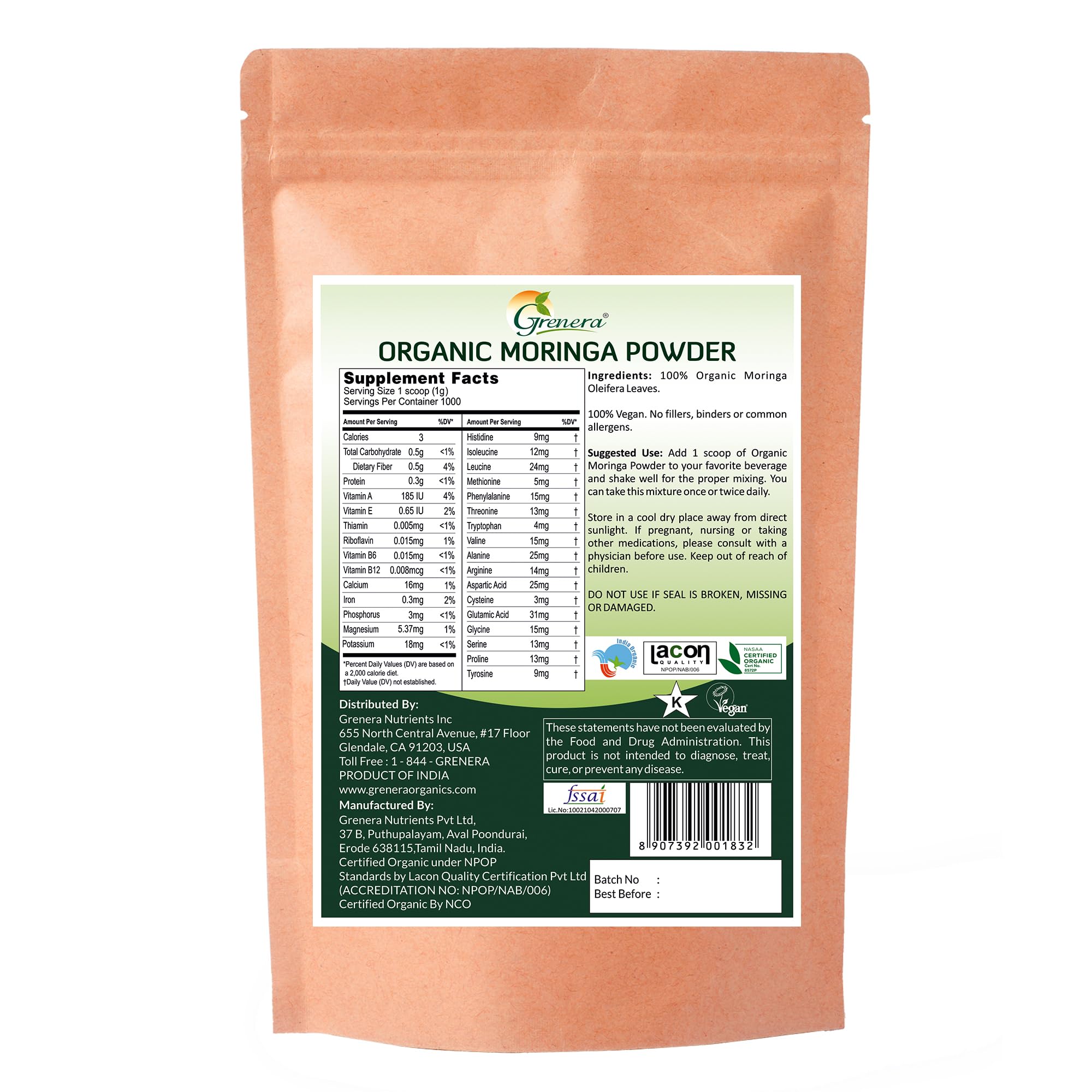 Nutrition facts for Grenera Organic Moringa Powder