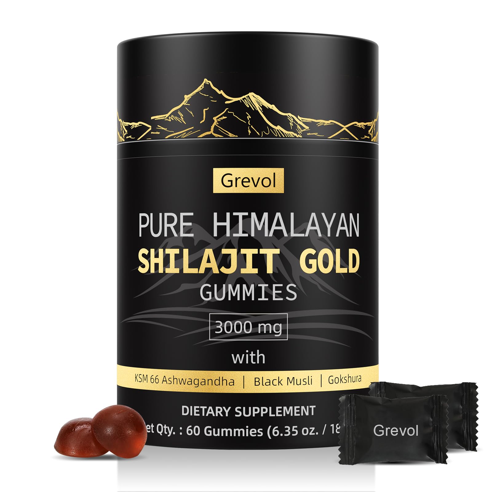 Grevol Himalayan Shilajit Gummies bottle with gold label on white background