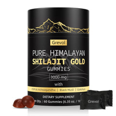 Grevol Himalayan Shilajit Gummies bottle with gold label on white background