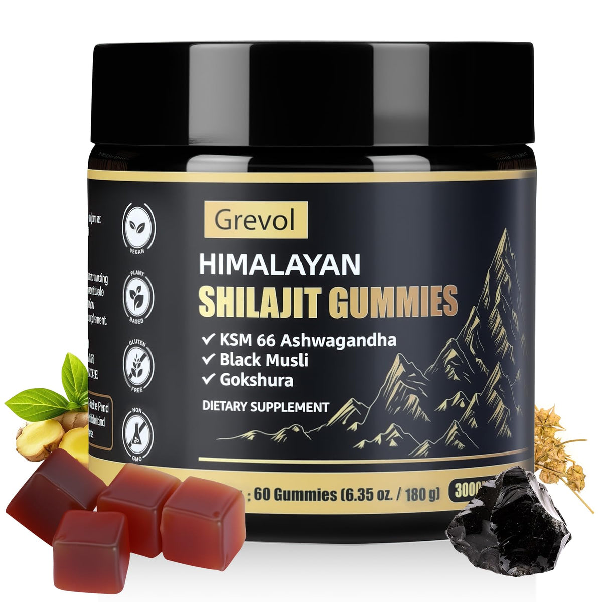Grevol Himalayan Shilajit Gummies with Ashwagandha - front bottle view