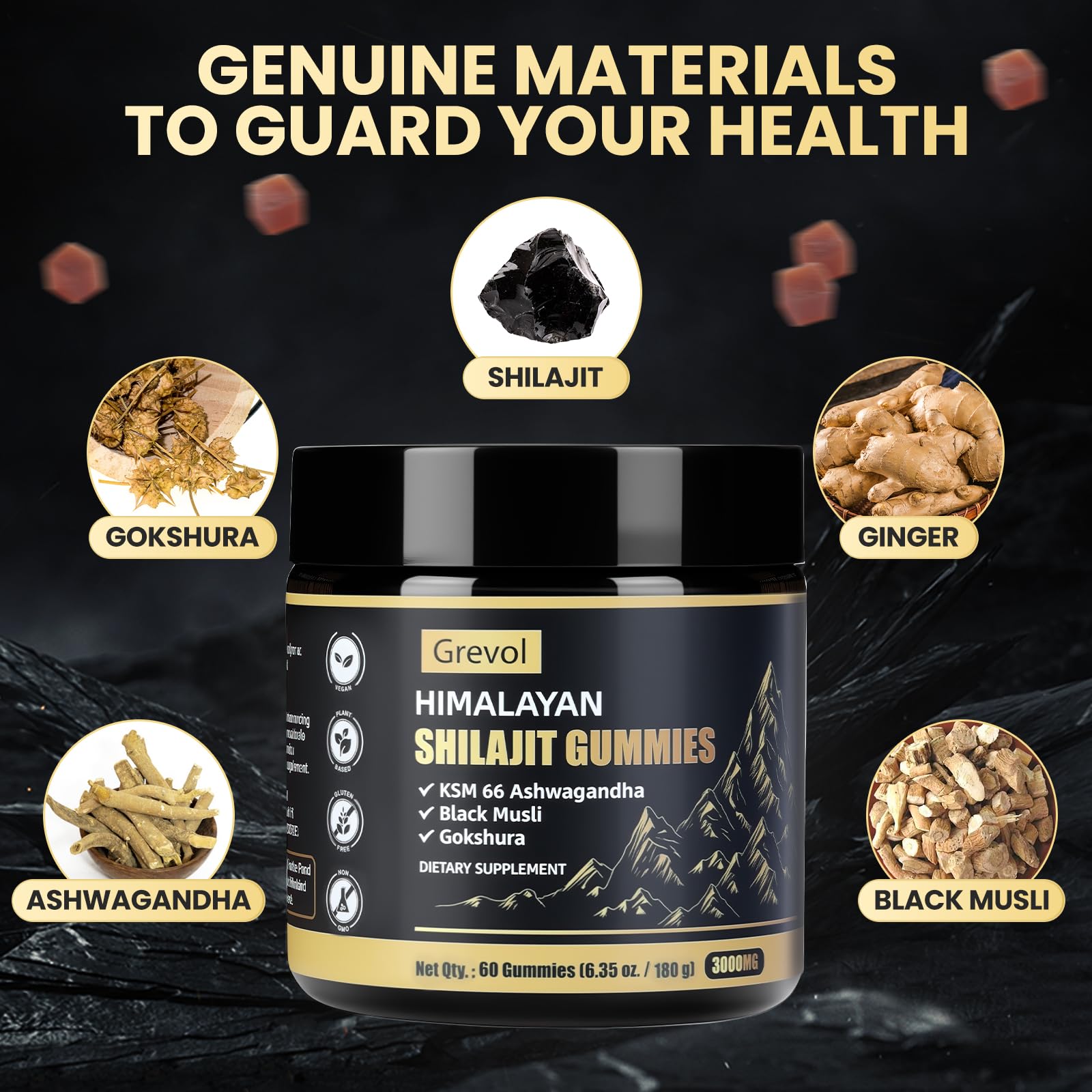 Grevol Himalayan Shilajit Gummies with Ashwagandha - ingredients layout