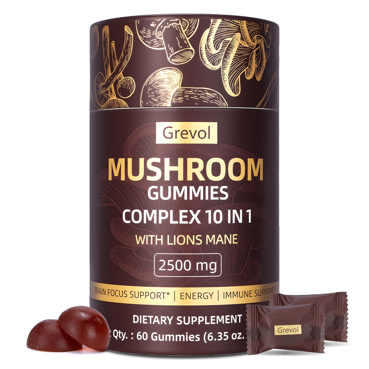 Bottle of Grevol Mushroom Gummies with Lion's Mane – 60 count