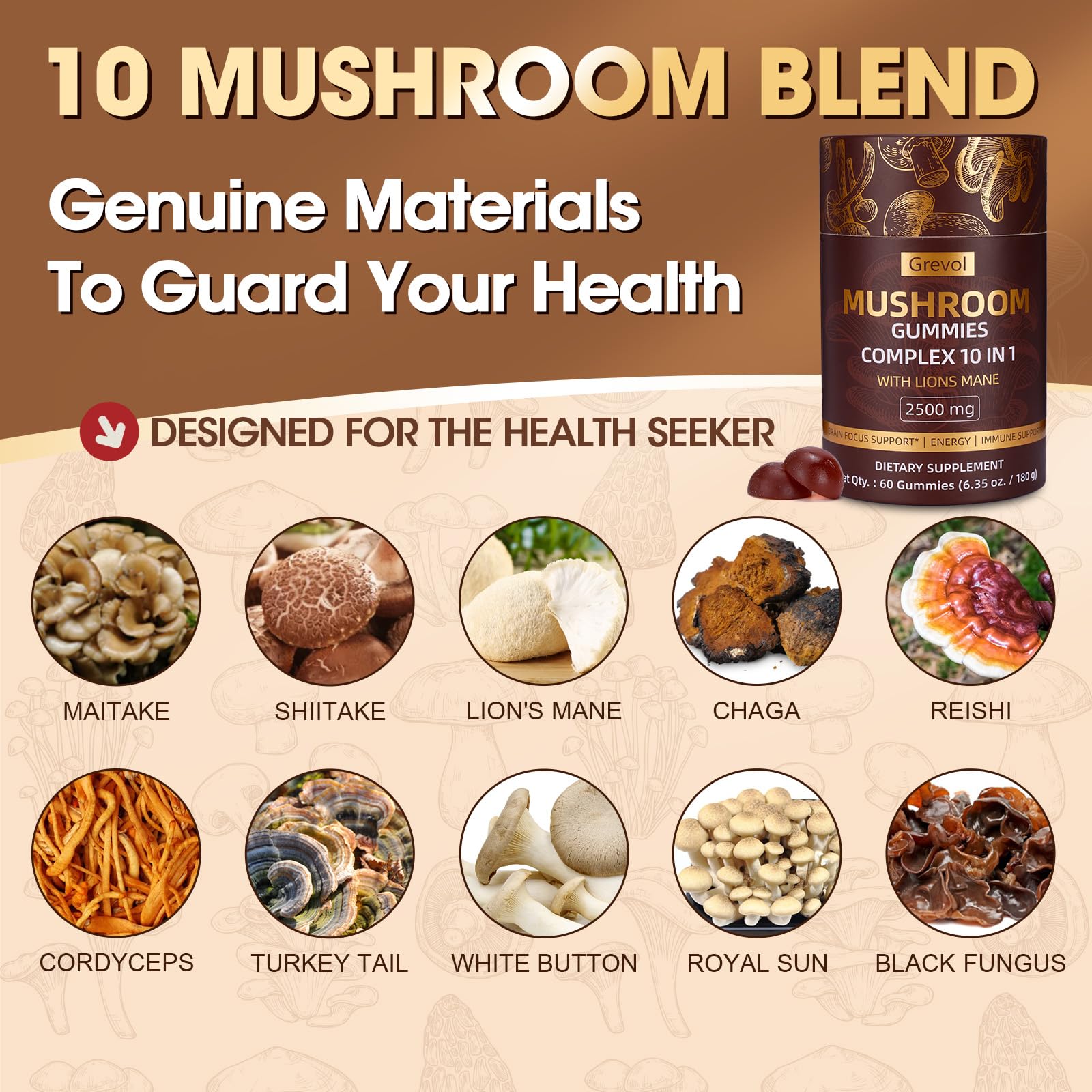 Grevol Mushroom Gummies with Lion's Mane, blister-pack serving