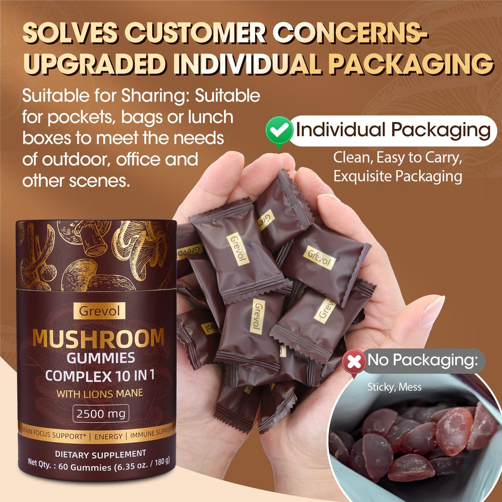 Packaging featuring a 10-mushroom complex including Reishi, Chaga, and Cordyceps
