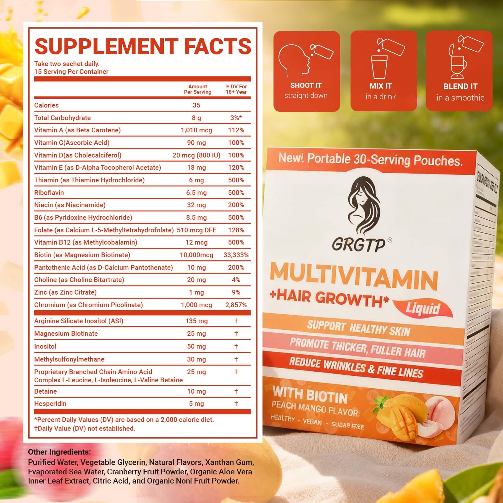 Daily-use liquid multivitamin for skin and hair