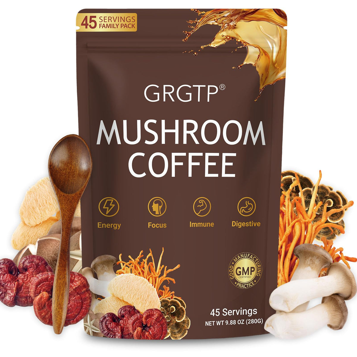 GRGTP Mushroom Coffee bag with scoop and powder