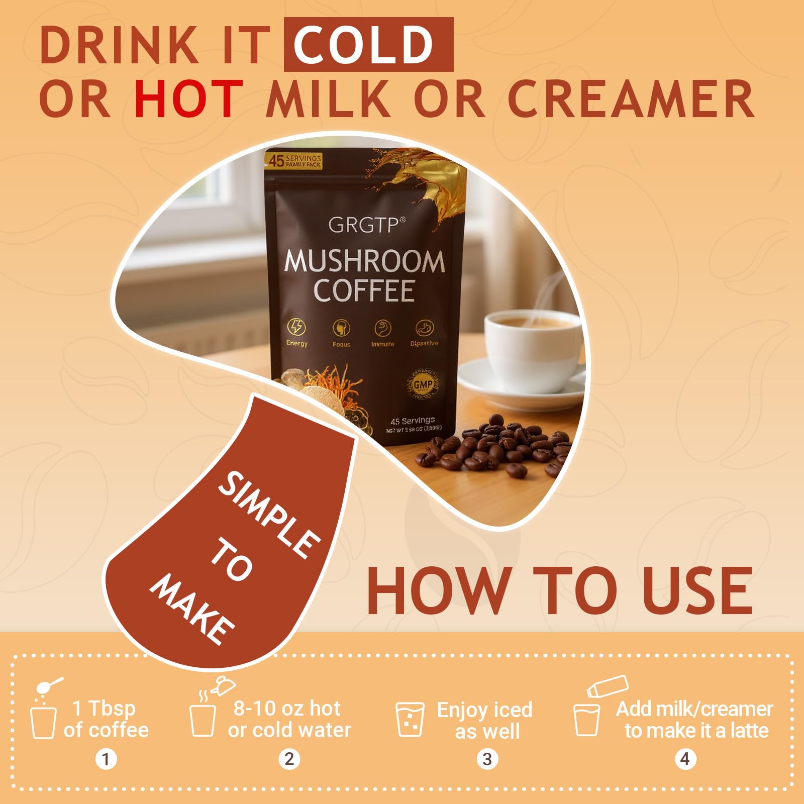 GRGTP Mushroom Coffee bottle showing 90 servings