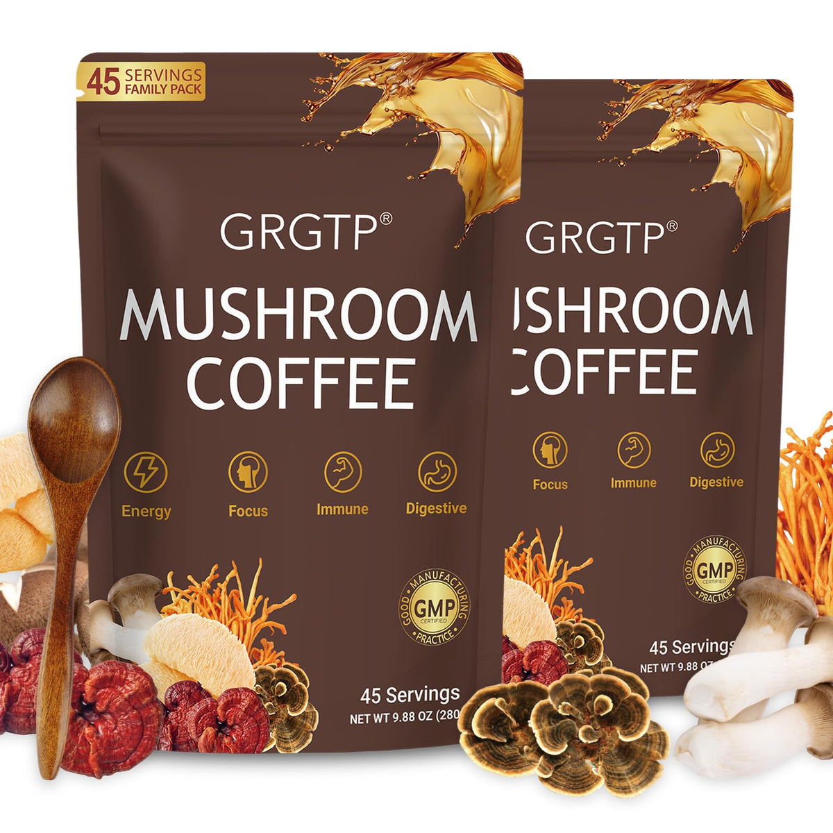 GRGTP Mushroom Coffee hero image with cup and label