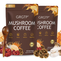 GRGTP Mushroom Coffee hero image with cup and label