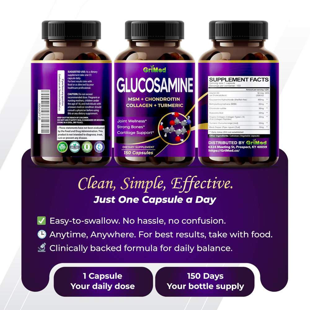Packaging and label showing GriMed Glucosamine USA Made