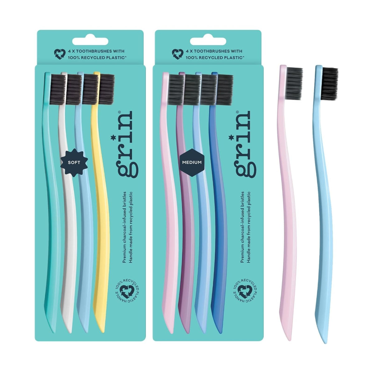 Grin charcoal-infused toothbrushes – soft and medium bristles, 8-count in purple