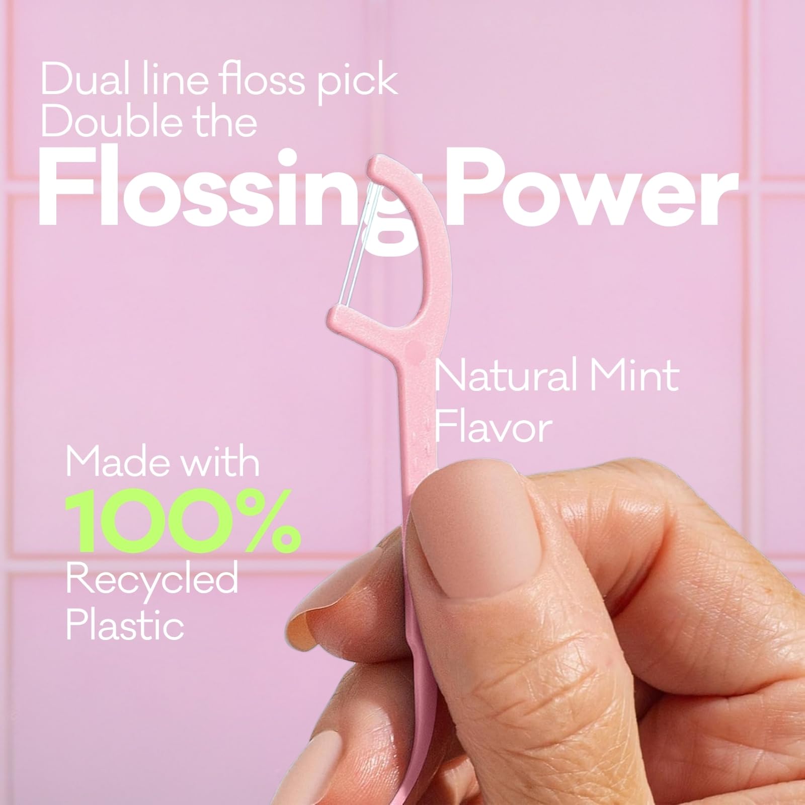 Dual-line floss between teeth close-up