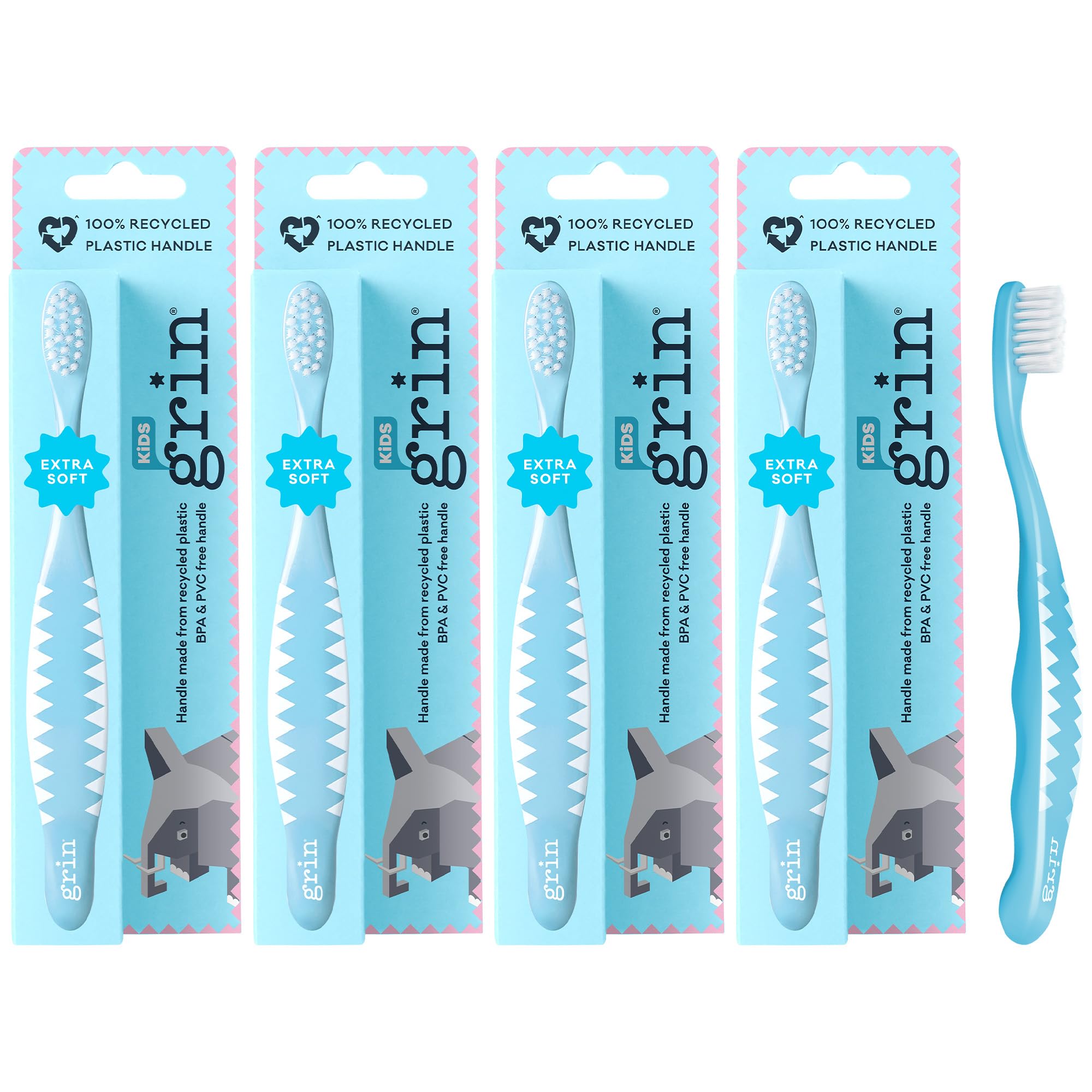 Grin Kids 4-pack toothbrushes with blue handles and extra soft bristles – front view