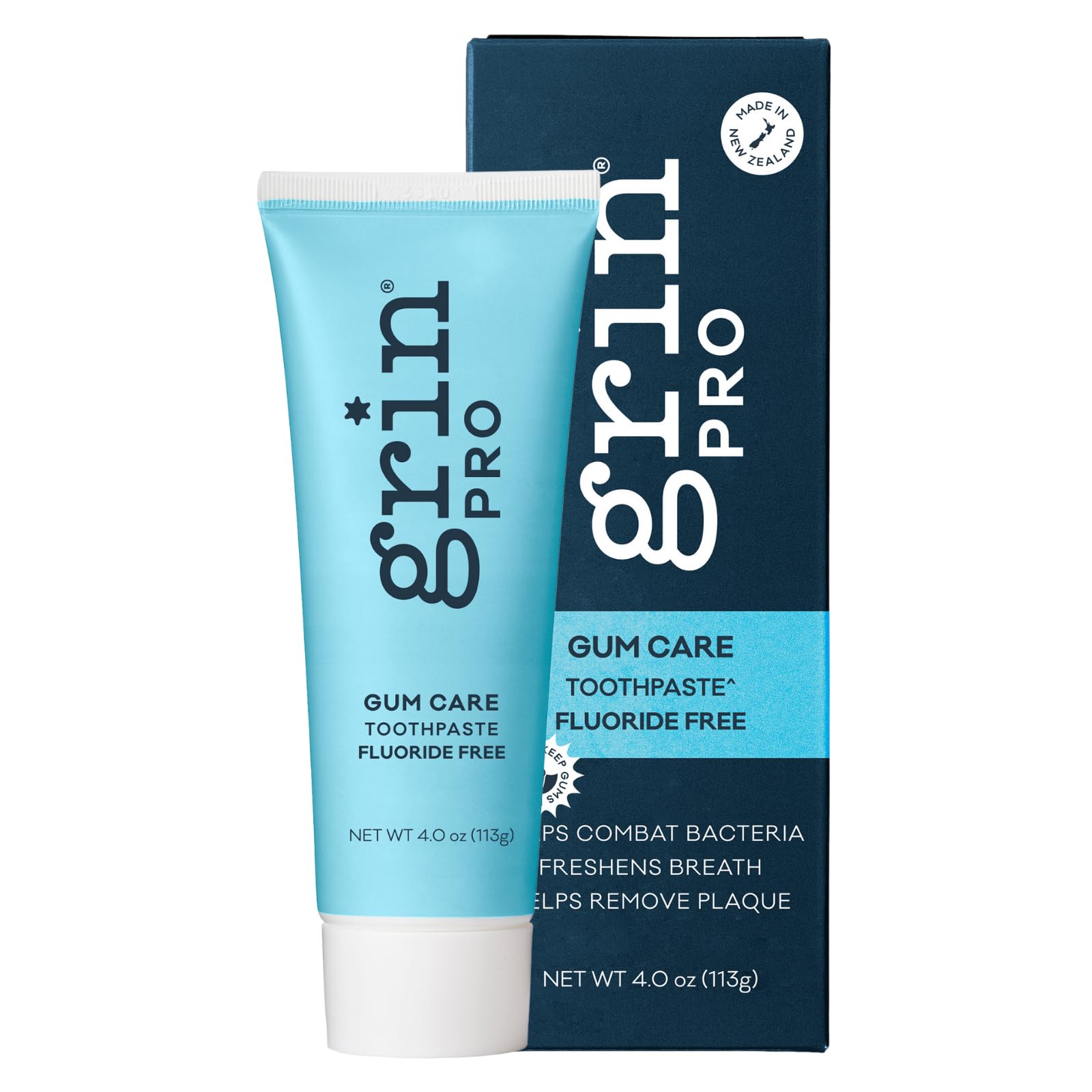 Grin Pro Gum Care toothpaste packaging featuring Manuka oil and propolis