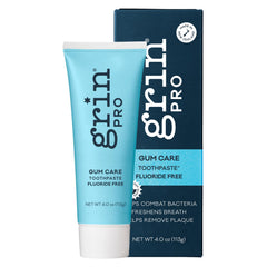 Grin Pro Gum Care toothpaste packaging featuring Manuka oil and propolis