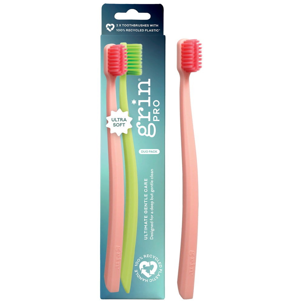 Front view of Grin Pro Ultimate Gentle Care Toothbrush with ultra-soft slim-tip bristles