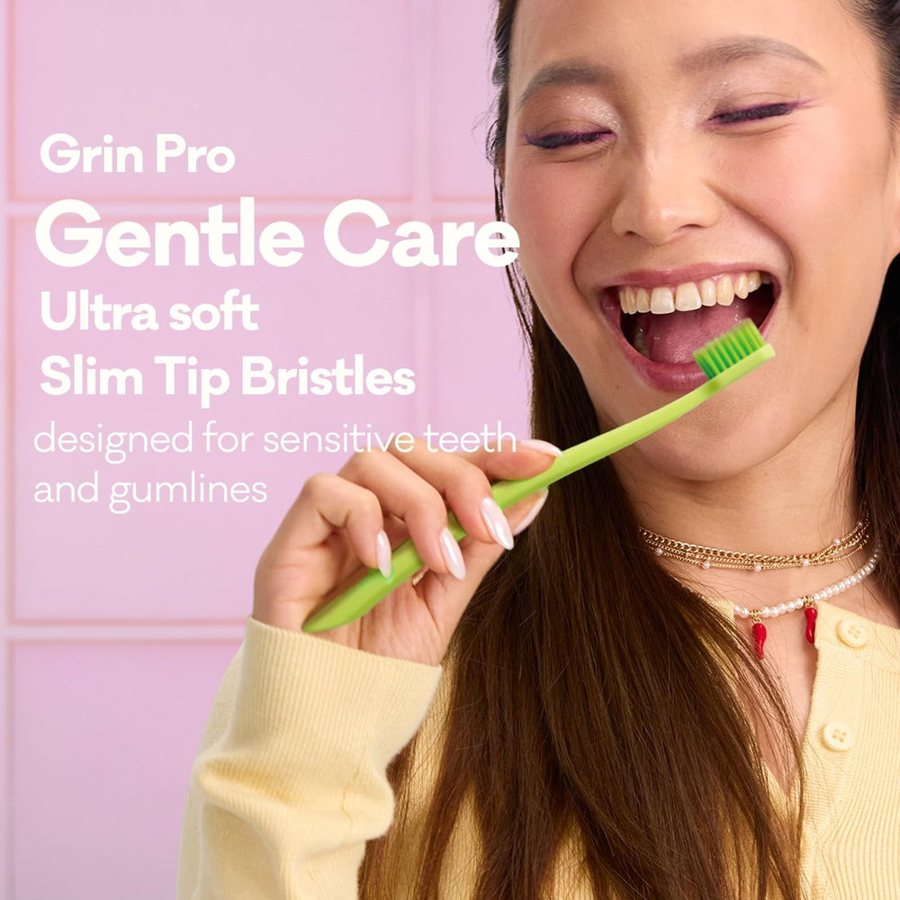 Close-up of silver-infused outer bristles on the Grin Pro toothbrush