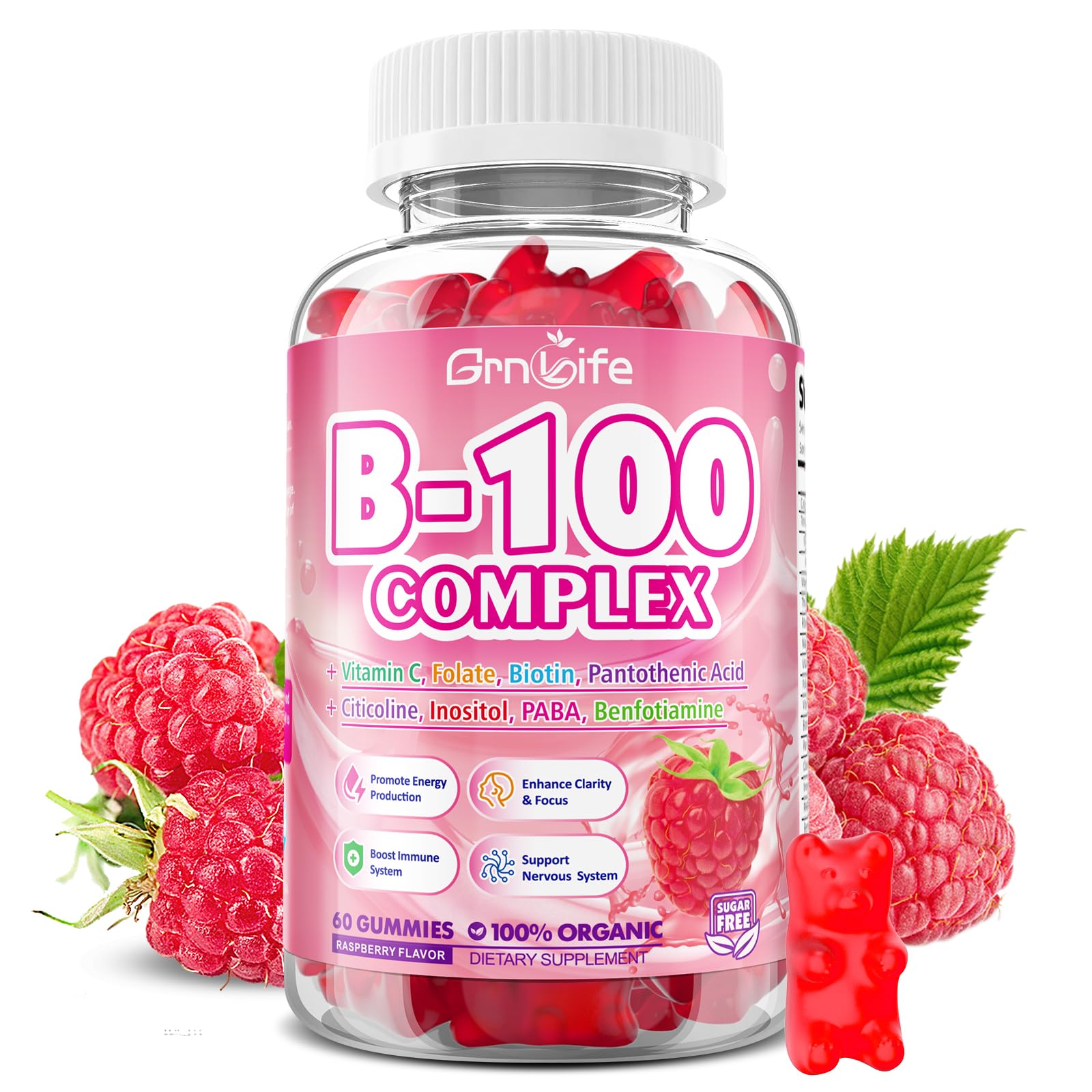 GrnLife front packaging showing bottle and raspberry flavor benefits