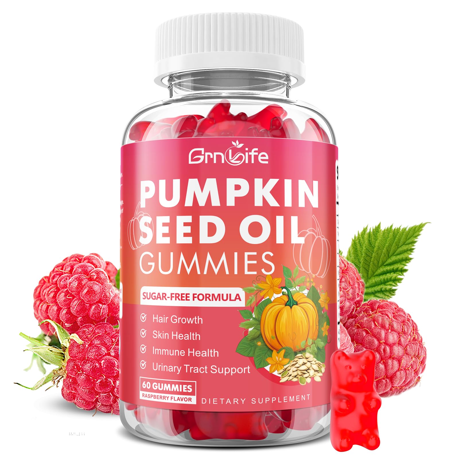 Bottle of GrnLife Pumpkin Seed Oil Gummies with Raspberry flavor