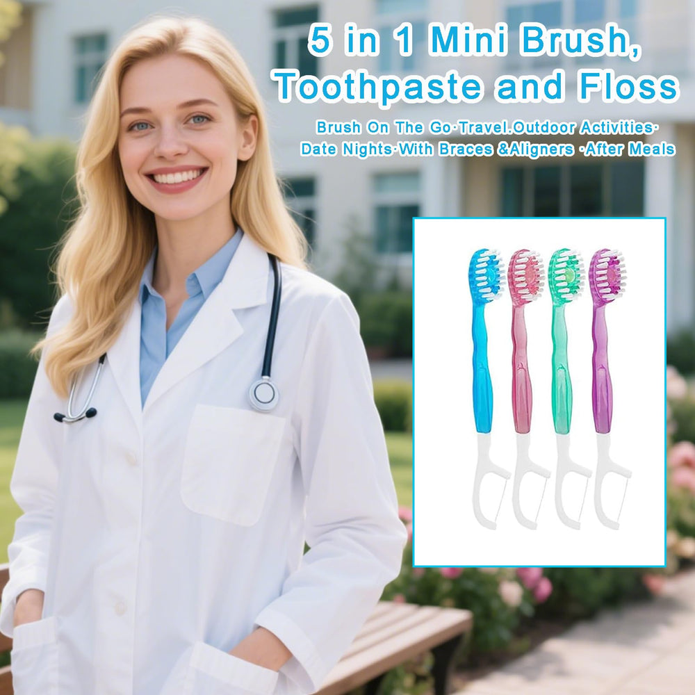 Disposable 5-in-1 toothbrush with toothpaste and floss components