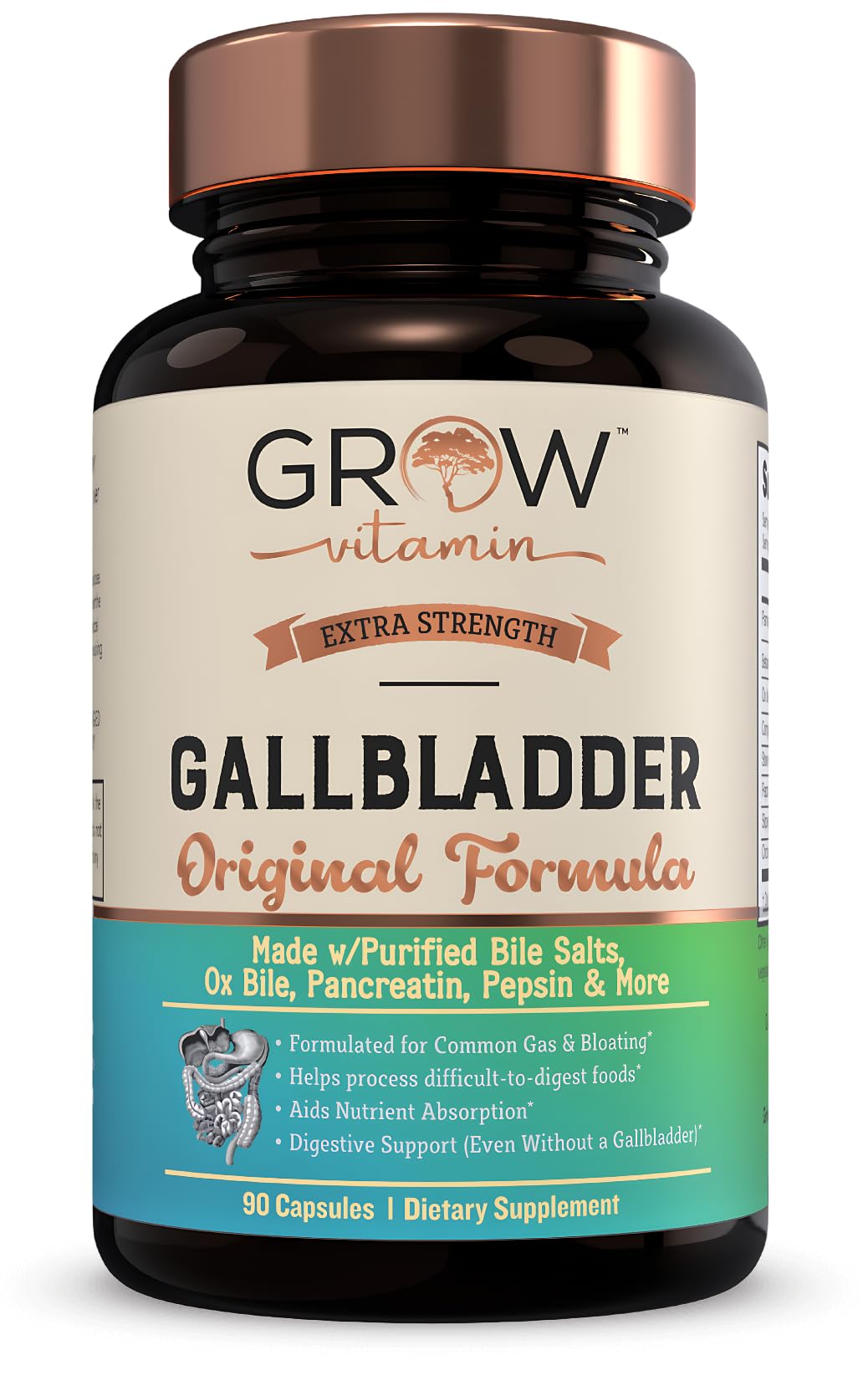 Bottle of Grow Vitamin Original Gallbladder Formula with 90 capsules on a white background