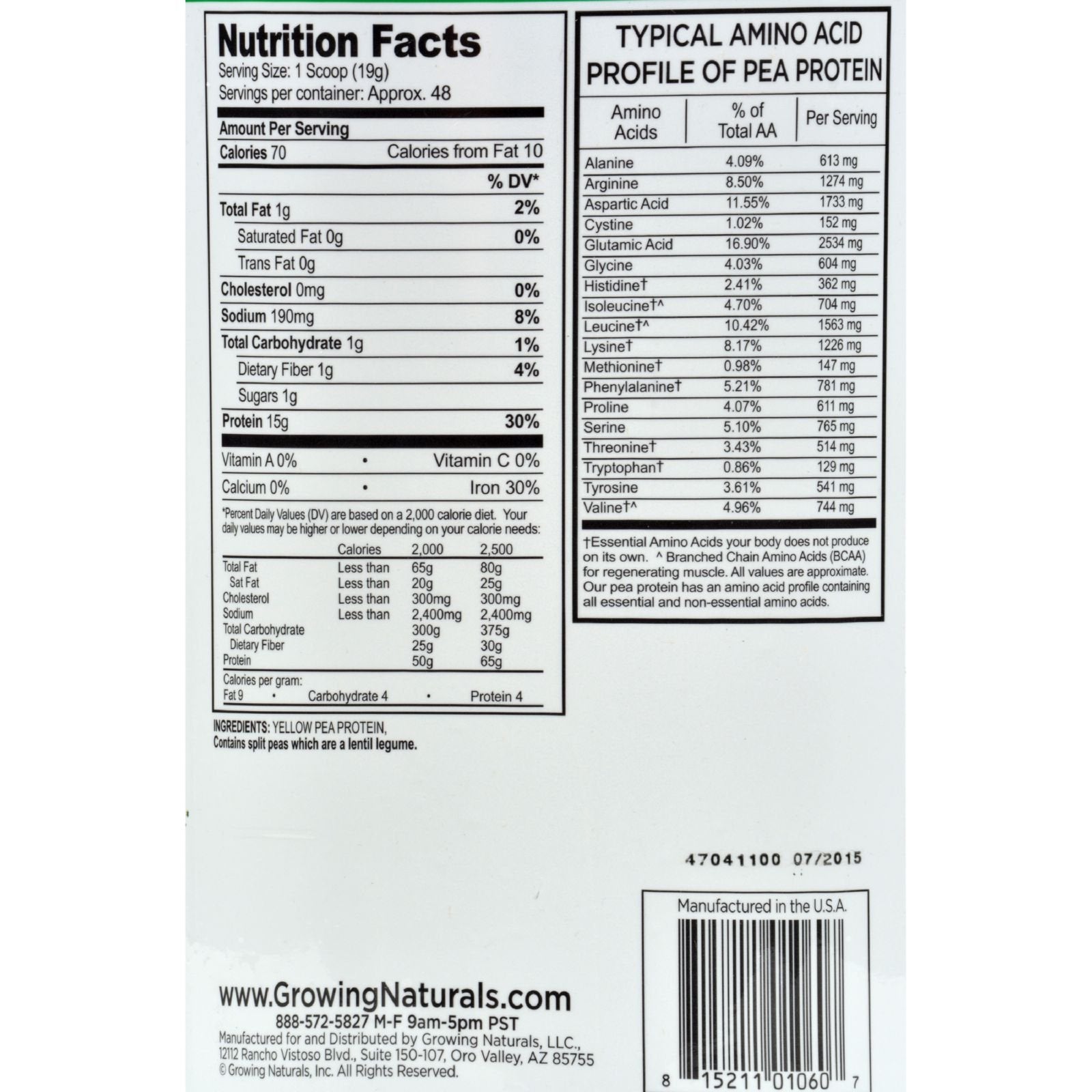 Scoop of Growing Naturals Pea Protein Powder Original Flavor showing serving size