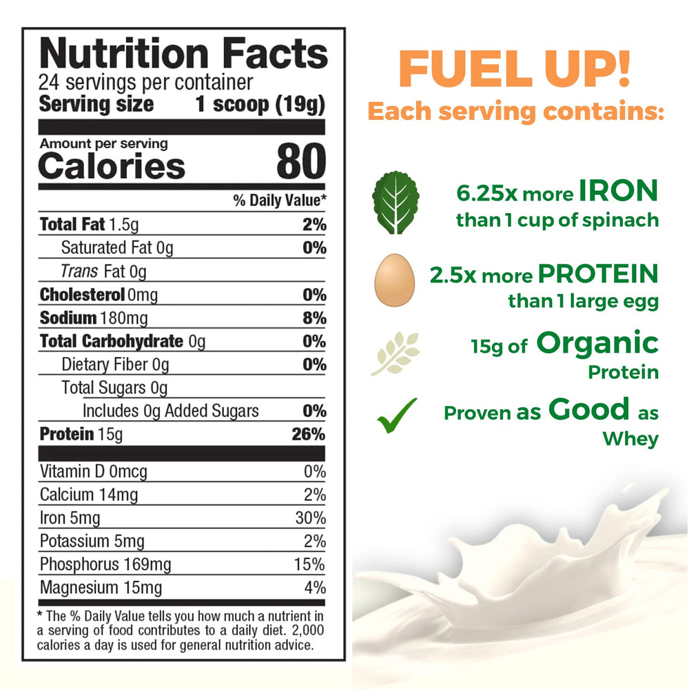 Growing Naturals pea protein being poured from a scoop into a shaker for a smoothie.