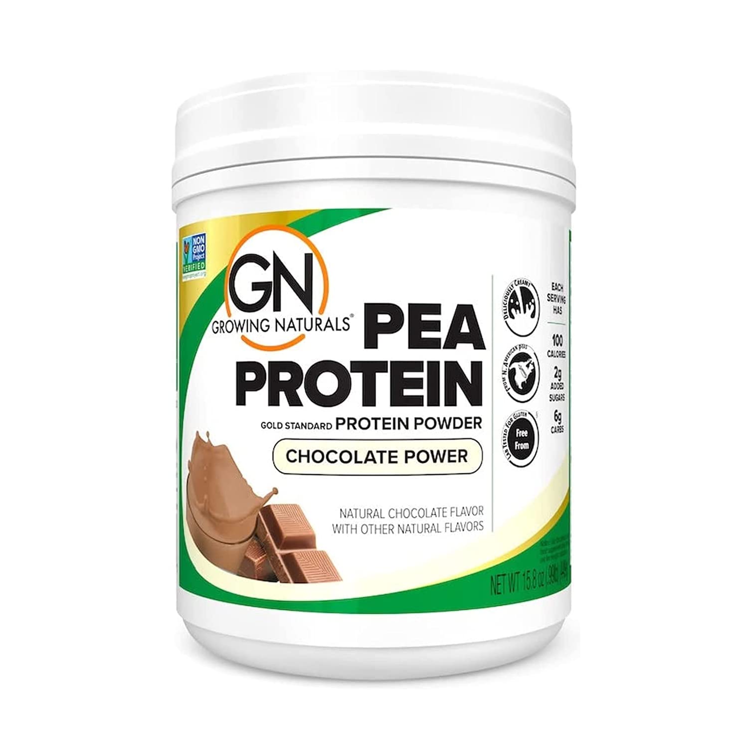Growing Naturals raw pea protein powder bag on shelf for high-protein meals