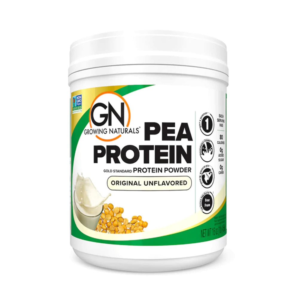 Growing Naturals raw pea protein powder bag shows vegan protein option for shakes and bowls.