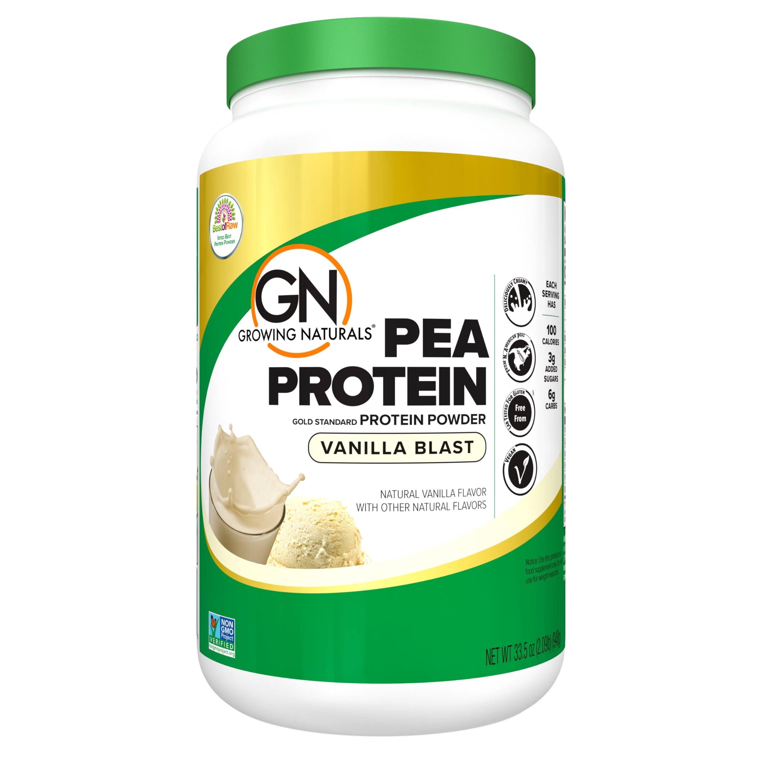 Growing Naturals Raw Pea Protein Powder bottle showcases protein-rich plant nutrition for shakes