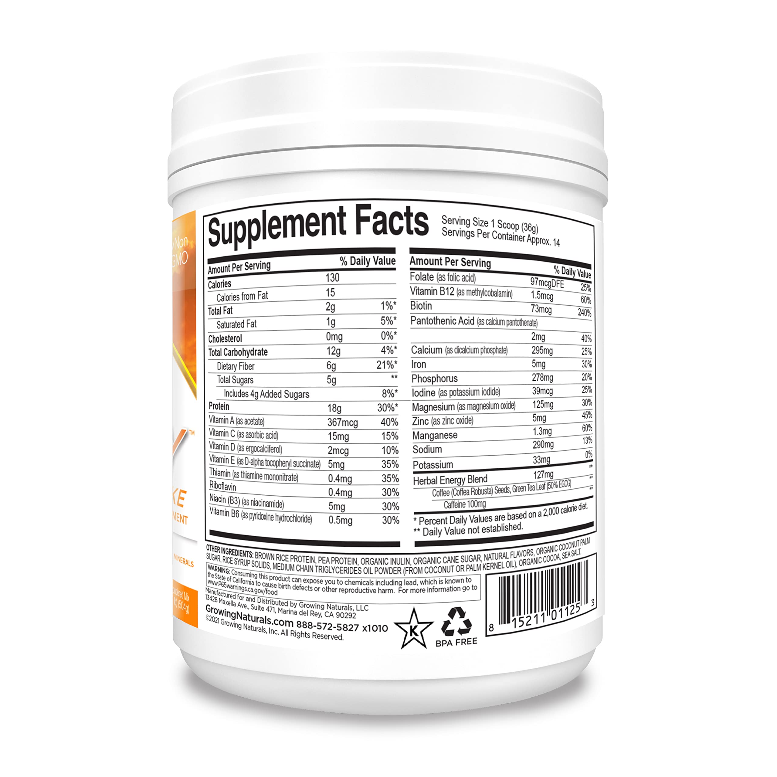 Growing Naturals One & Done SuperShake jar label emphasizes non-GMO and gluten-free