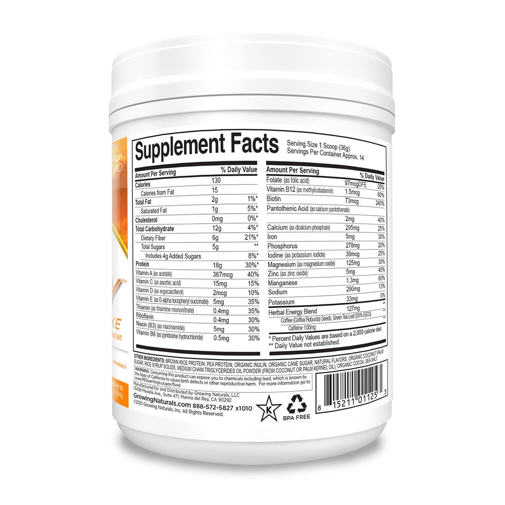 Growing Naturals One & Done SuperShake jar label emphasizes non-GMO and gluten-free