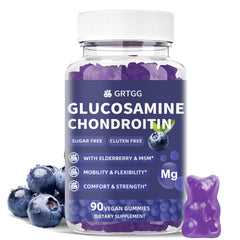 Front view of GRTGG Glucosamine Chondroitin Gummies bottle (90 count) with blueberry flavor