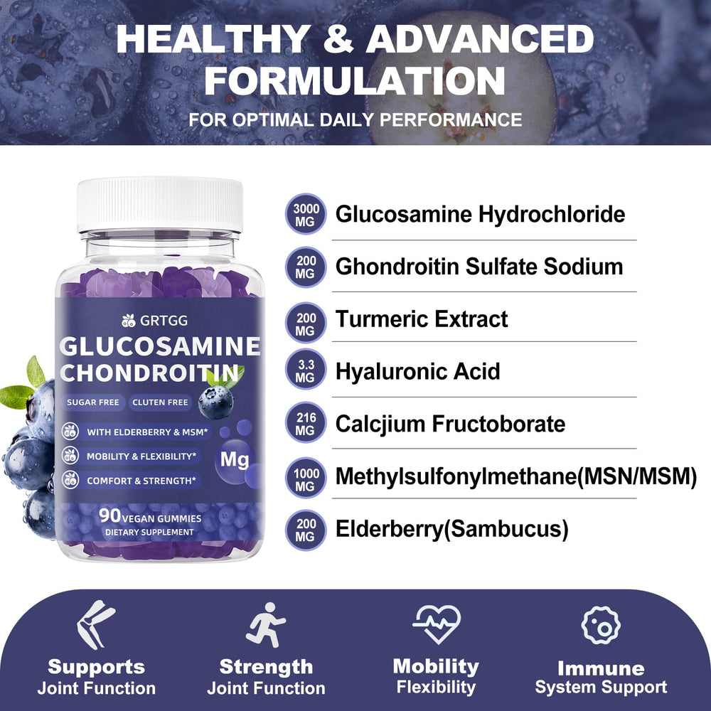 GRTGG bottle label close-up highlighting 3000mg glucosamine, 1000mg MSM, 200mg chondroitin