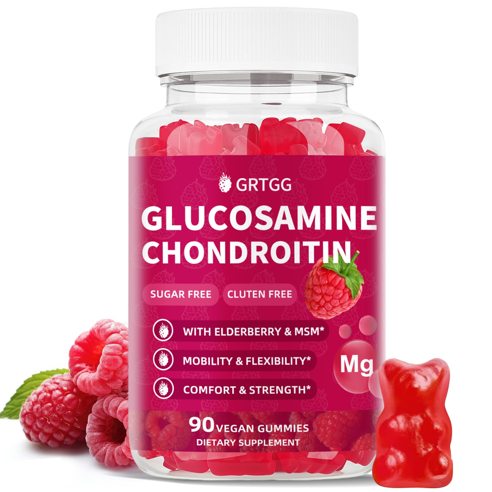 Front view of GRTGG Glucosamine Chondroitin Gummies Raspberry bottle