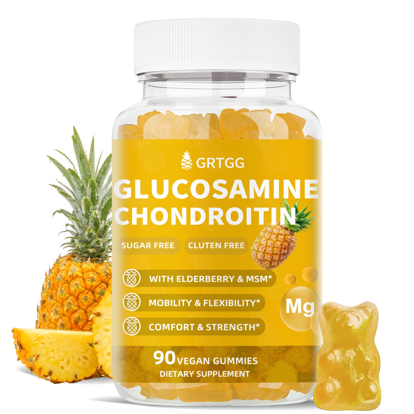 Front view of GRTGG Glucosamine Chondroitin Gummies Pineapple flavor bottle