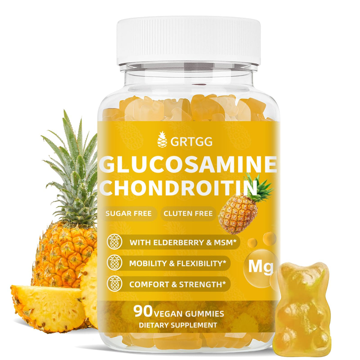 Front view of GRTGG Glucosamine Chondroitin Gummies Pineapple flavor bottle