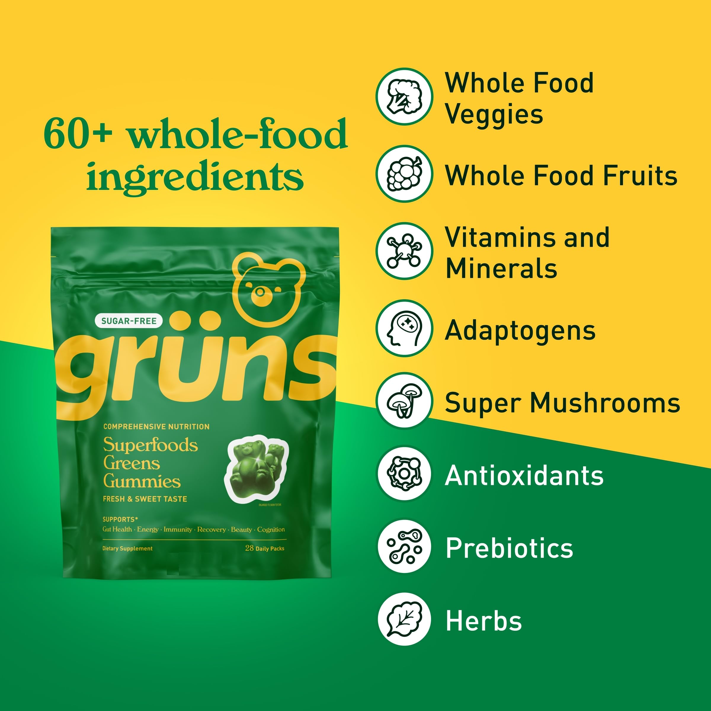 Grüns multivitamin gummies close-up highlighting methylated vitamins for easy absorption.