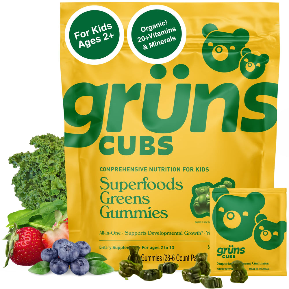 Gruns Kids Multivitamin Super Greens Gummies bottle and packaging
