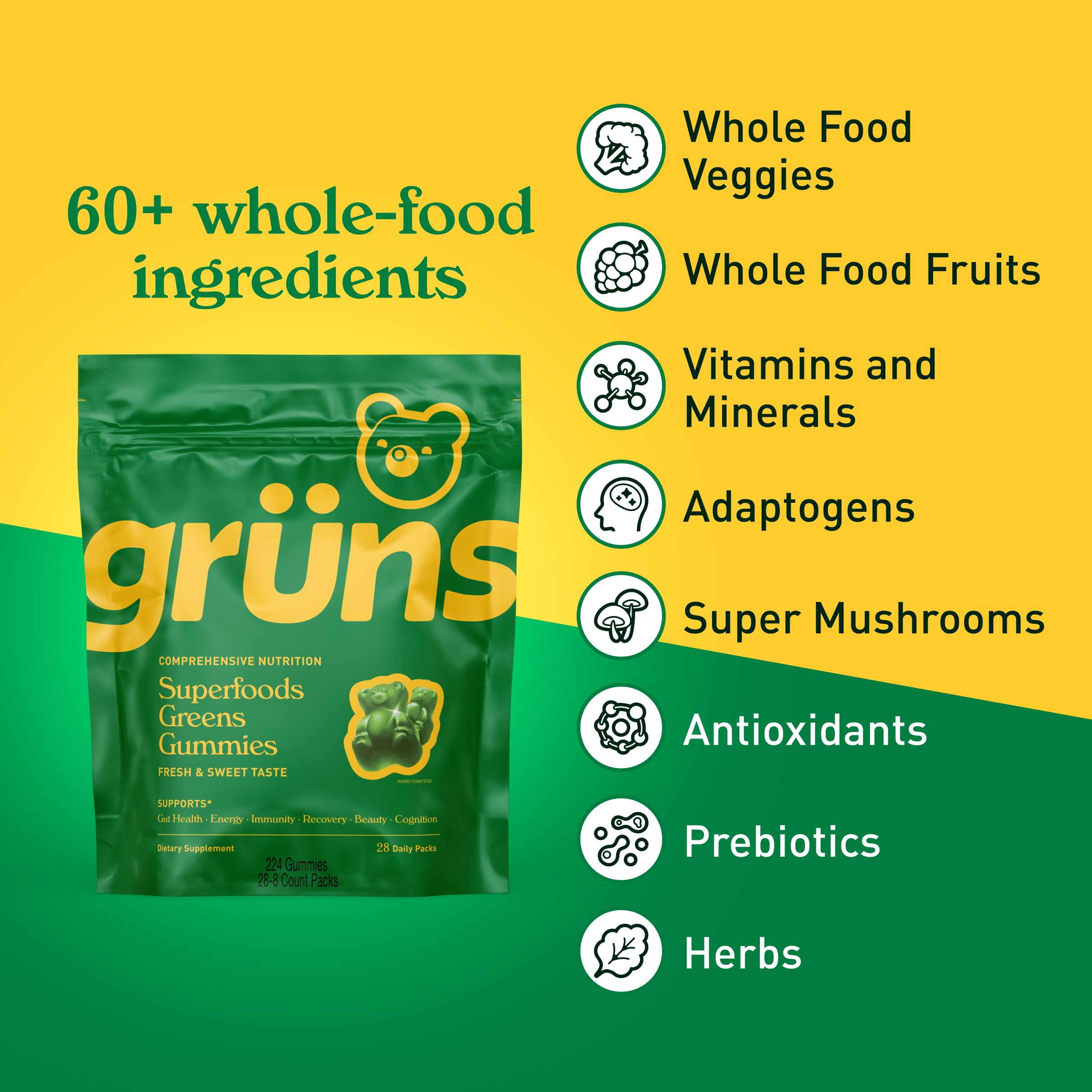 Grüns bottle front view highlighting 28 daily packets for convenient on-the-go nutrition