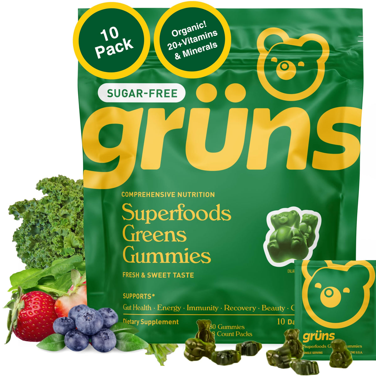 Front view of Gruns Sugar-Free Super Greens Gummies bottle