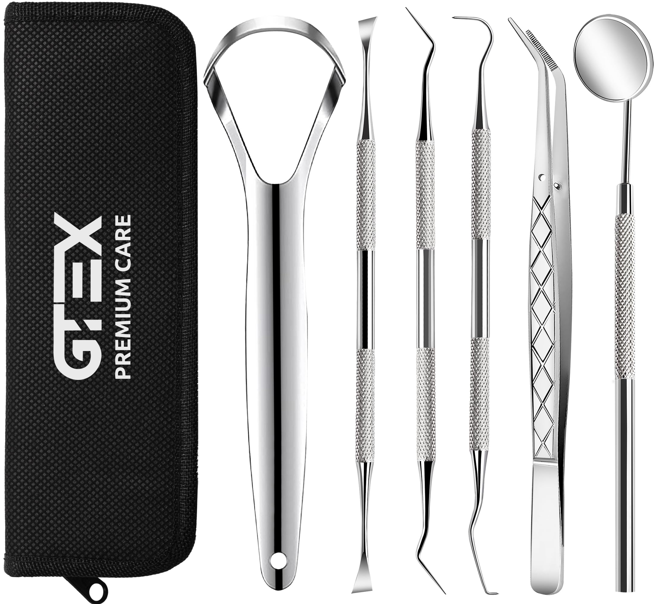 GTEX dental tools set with dental scraper, pick, mirror, and tongue cleaner