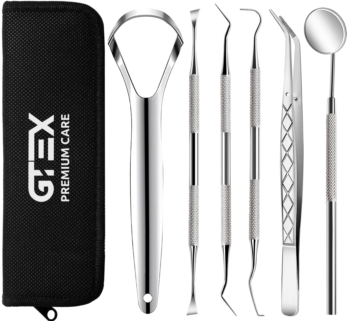 GTEX dental tools set with dental scraper, pick, mirror, and tongue cleaner