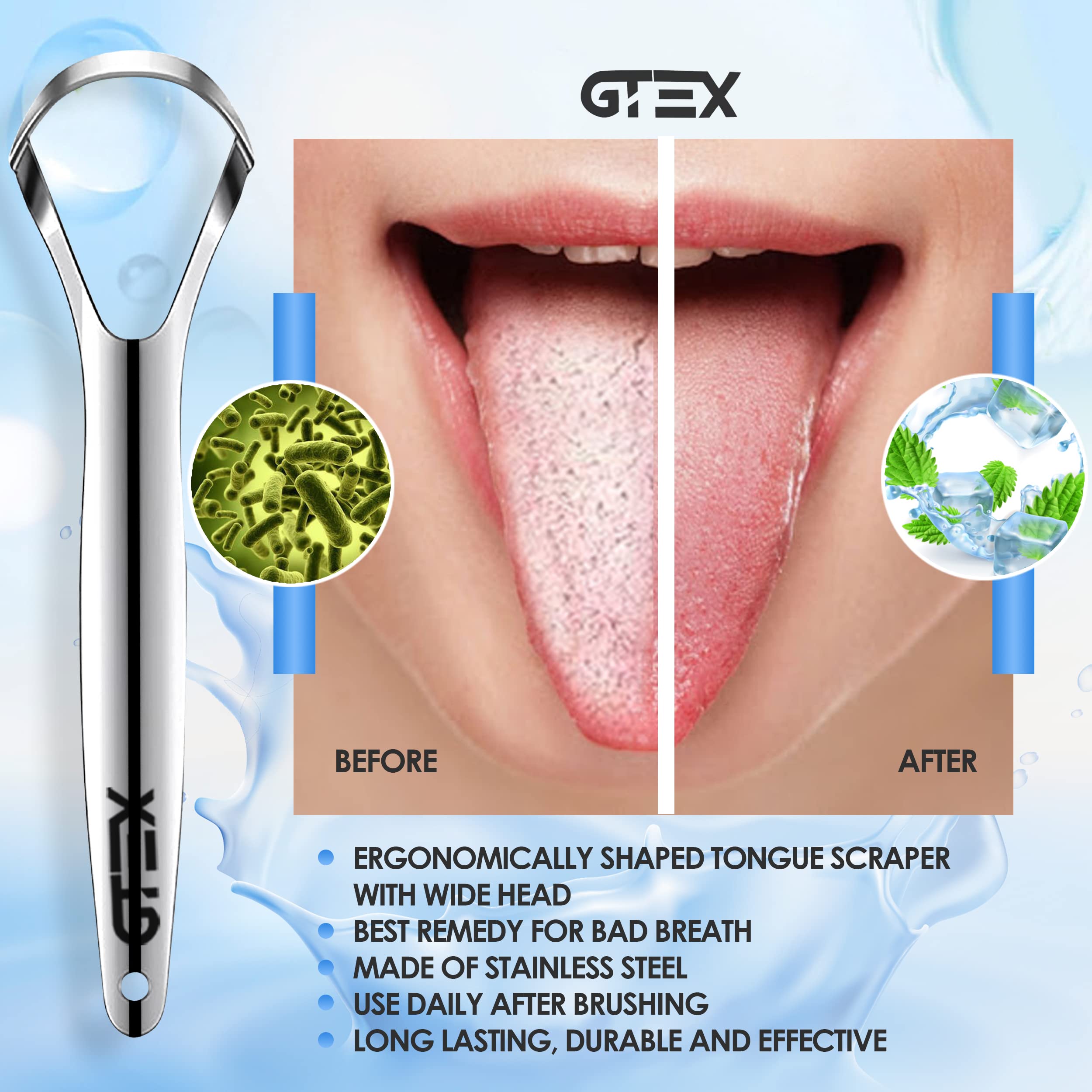Stainless steel dental scraper and toothpick in use